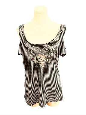 Boston Proper Beaded Sequin Black & White Striped Cold Shoulder Top Size Medium